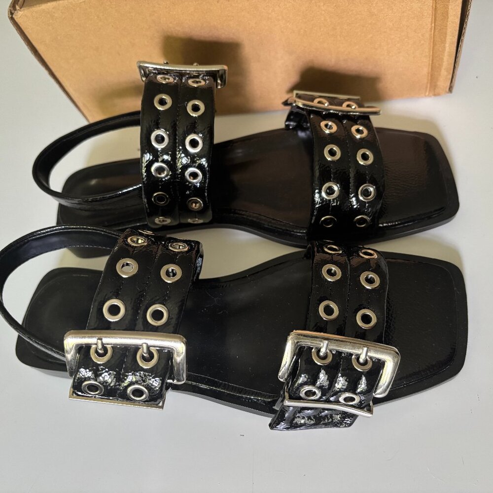 Black Sandals with Buckle Grommets Shiny Slingback